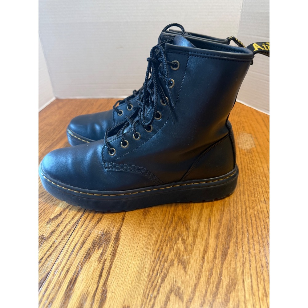 Dr. Martens Zavala Black Leather Combat Boots Yellow Stitching Mens 8 Womens 9